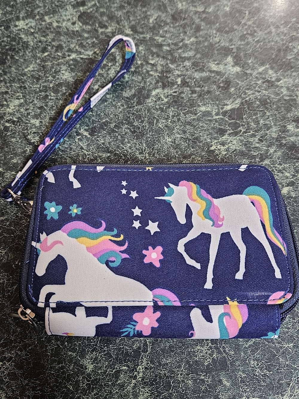 N'Gil Girls Navy Unicorn Canvas Fabric Zip-Around Wristlet Wallet Strap